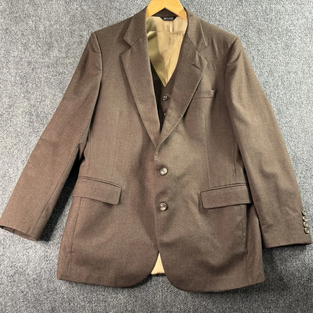 VTG 1970's Pierre Cardin Tweed Wool Blazer & Vest Brown- Leather Buttons